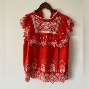 Anthropologie Red Embroidered Blouse M